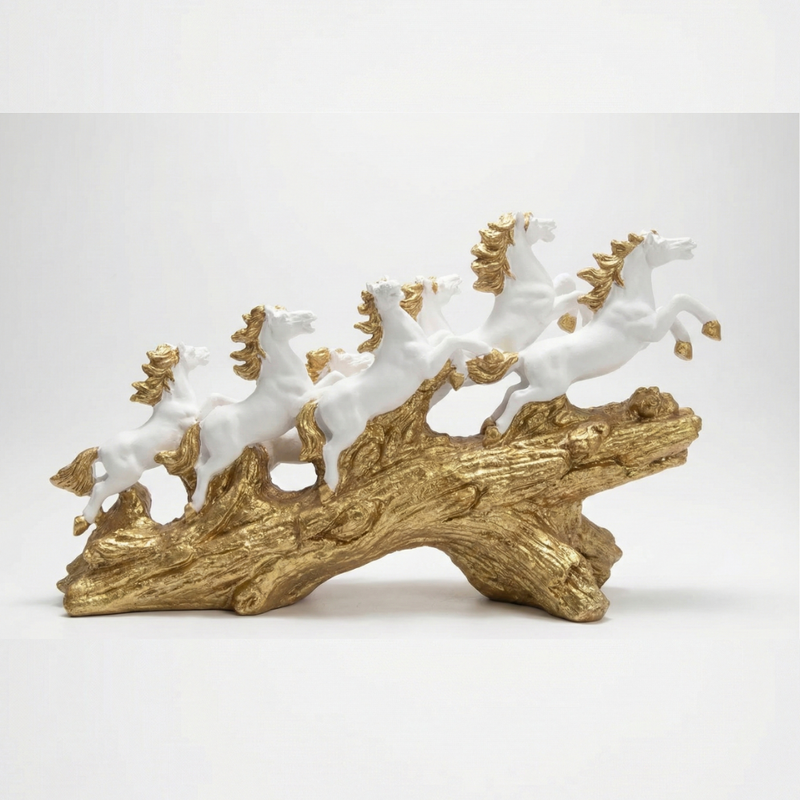 White & Gold Seven Horses Vastu Showpiece for Home Decor | 45 cm (Length) × 25 cm (Height)
