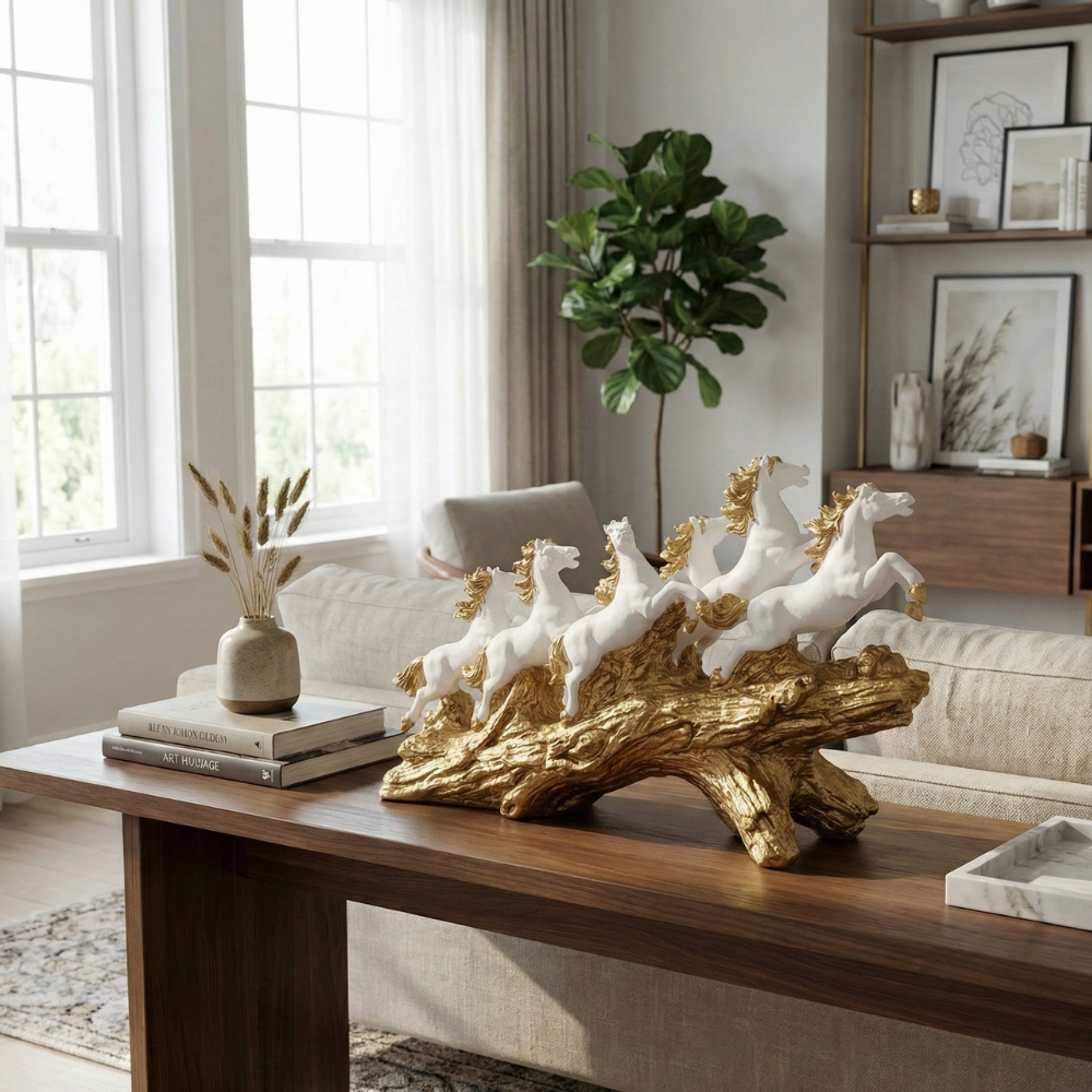 White & Gold Seven Horses Vastu Showpiece for Home Decor | 45 cm (Length) × 25 cm (Height)