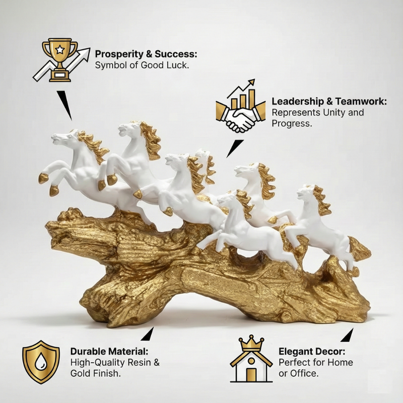 White & Gold Seven Horses Vastu Showpiece for Home Decor | 45 cm (Length) × 25 cm (Height)