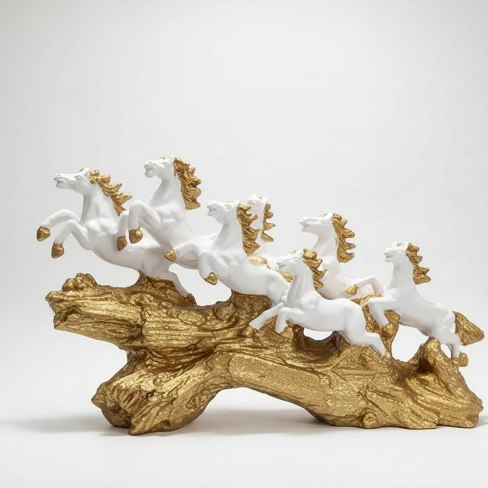 White & Gold Seven Horses Vastu Showpiece for Home Decor | 45 cm (Length) × 25 cm (Height)