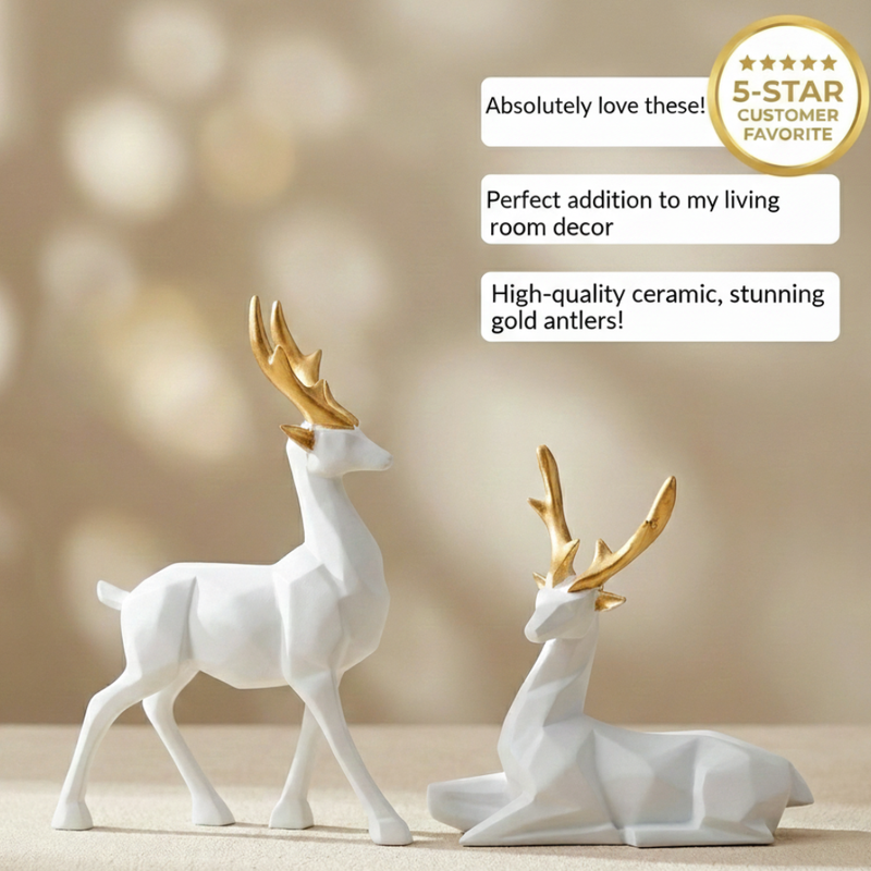 Elegant White Deer Sculptures with Gold Antlers