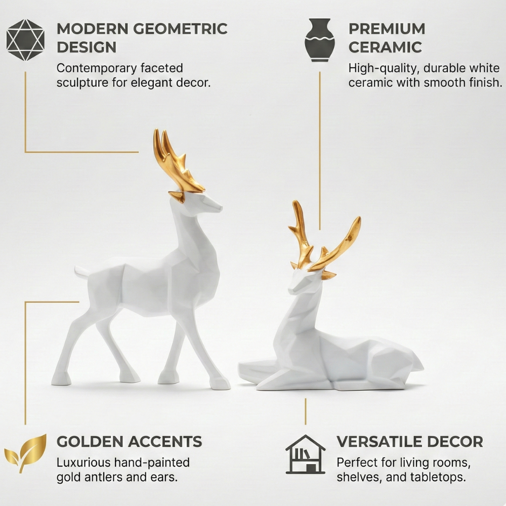 Elegant White Deer Sculptures with Gold Antlers